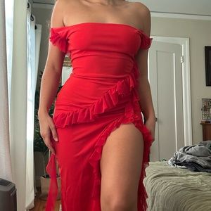 Red ruffle dress with slit